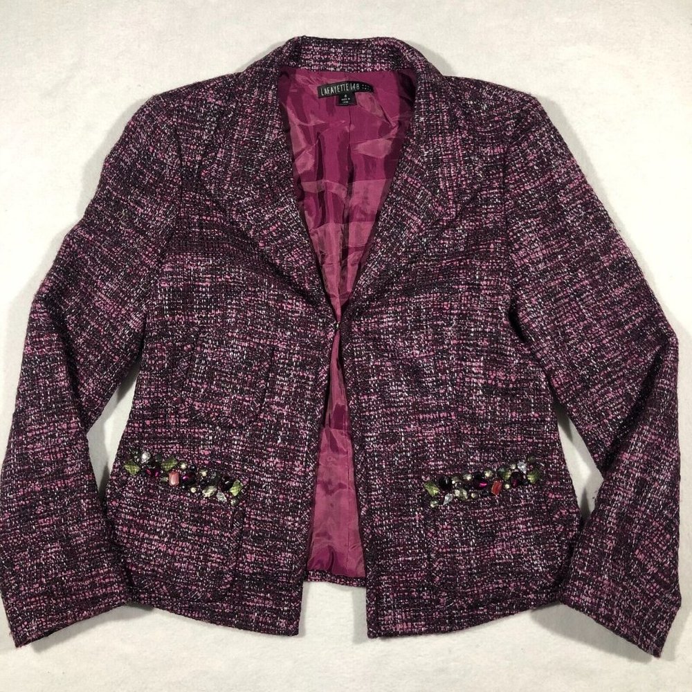Lafayette 148 Womens 4 Pink Multicolor Bejeweled Tweed Blazer Jacket Wool Blend